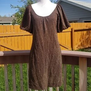 Bcbgmaxazria brown puff sleeve shimmer dress